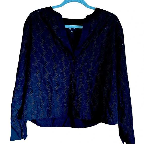 Madewell Linen Long-Sleeve Popover Top in Eyelet Black XS - Picture 2 of 8